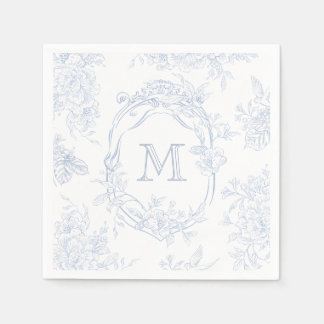 Monogram Initial Floral Blue Toile Wedding Bridal スタンダードカクテルナプキン