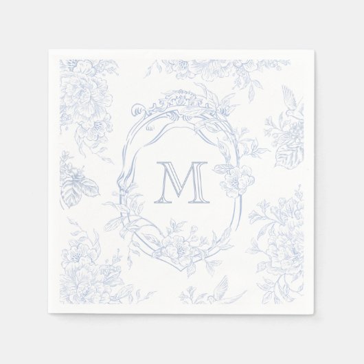 Monogram Initial Floral Blue Toile Wedding Bridal スタンダードカクテルナプキン (正面)