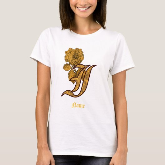 Monogram Initial I Gold Peony Flower Personalized Tシャツ (正面)