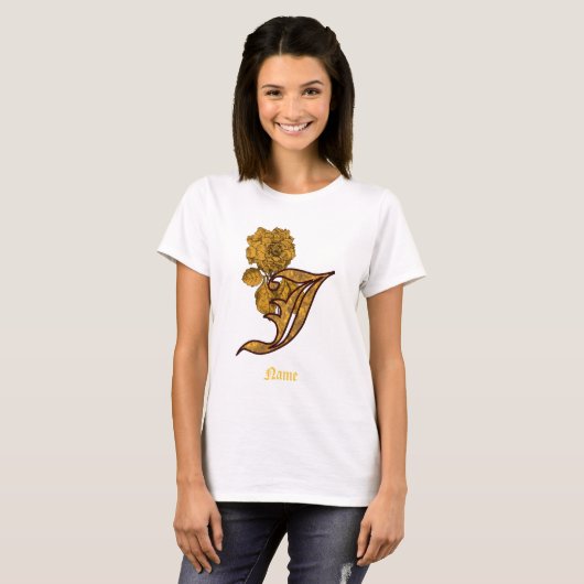 Monogram Initial J Gold Peony Flower Personalized Tシャツ (正面フル)