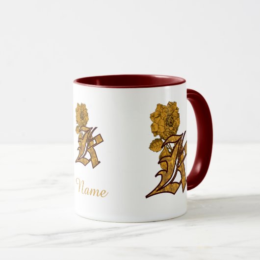 Monogram Initial K Elegant Gold Peony Personalized マグカップ (正面右)