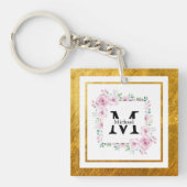 Monogram Initial "M" Floral - Pink Roses & Gold キーホルダー (正面)