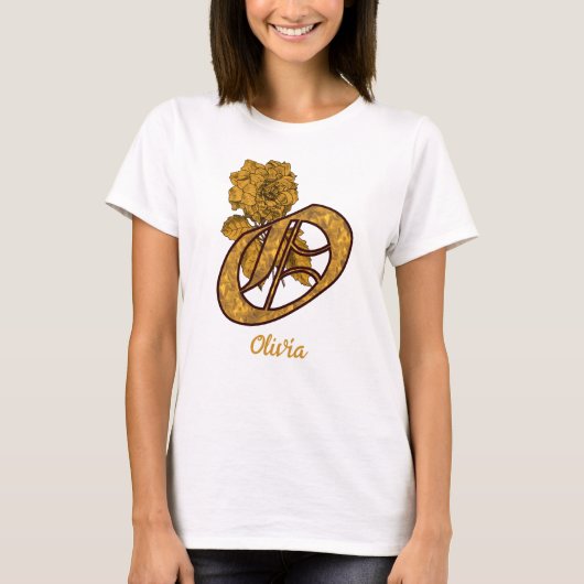 Monogram Initial O Gold Peony Personalized Tシャツ (正面)