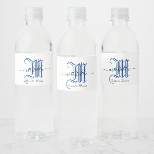 monogram initial personalized business name blue ペットボトルラベル (ボトル)