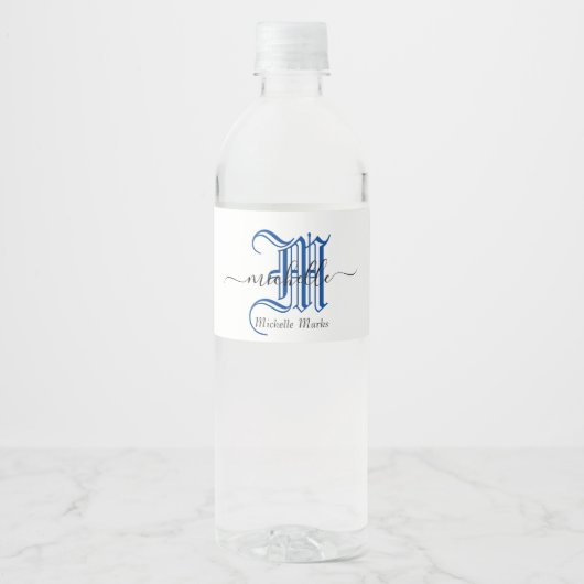 monogram initial personalized business name blue ペットボトルラベル (正面)