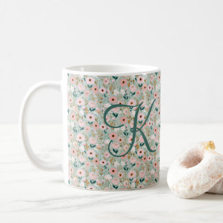 Monogram Initial Pink Green Watercolor Florals  コーヒーマグカップ