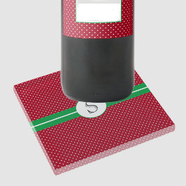 Monogram Initial, Red Green, White Polka Dots ガラスコースター