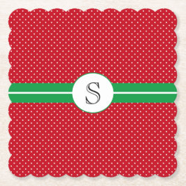 Monogram Initial, Red Green, White Polka Dots ペーパーコースター