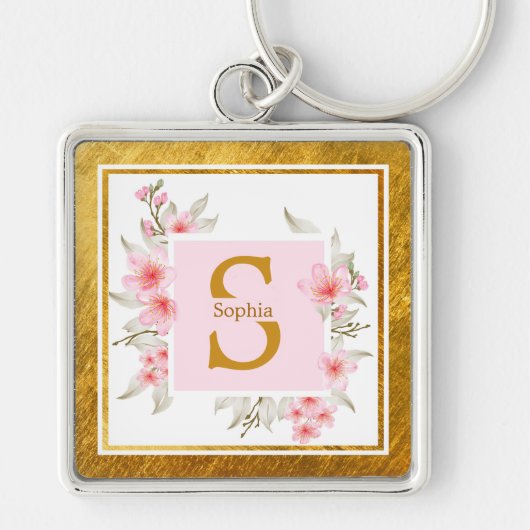 Monogram Initial "S" Floral - Pink Roses & Gold キーホルダー (正面)