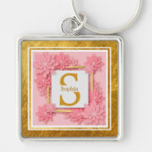 Monogram Initial "S" Floral - Pink Roses & Gold キーホルダー (正面)