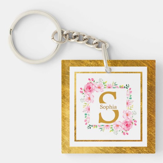 Monogram Initial "S" Floral - Pink Roses & Gold キーホルダー (正面)