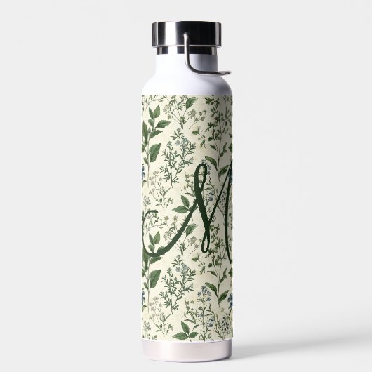 Monogram Initial Sage Green Botanical Florals Gift ウォーターボトル (左面)