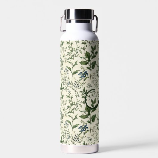 Monogram Initial Sage Green Botanical Florals Gift ウォーターボトル (正面)