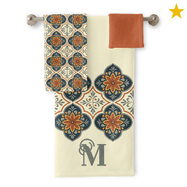 Monogram Initial Spanish Tiles Flower Pattern  バスタオルセット