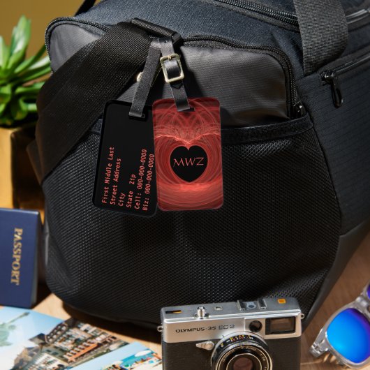 Monogram Initialed赤いハートアートワカスタムーク ラゲッジタグ (正面&裏面)