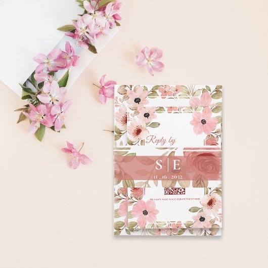 Monogram Initials Blush Floral Wedding  招待状ベリーバンド