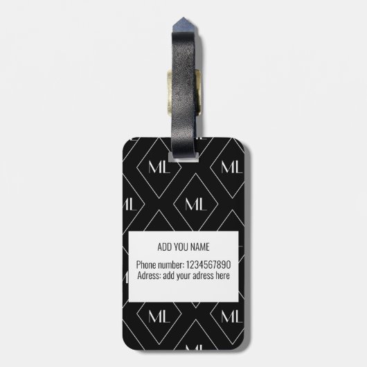 Monogram Initials Geometric Pattern Black ラゲッジタグ (裏面縦)