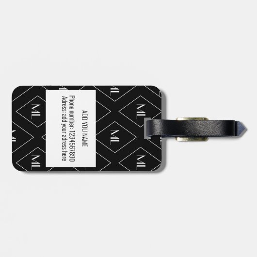 Monogram Initials Geometric Pattern Black ラゲッジタグ (裏面横)