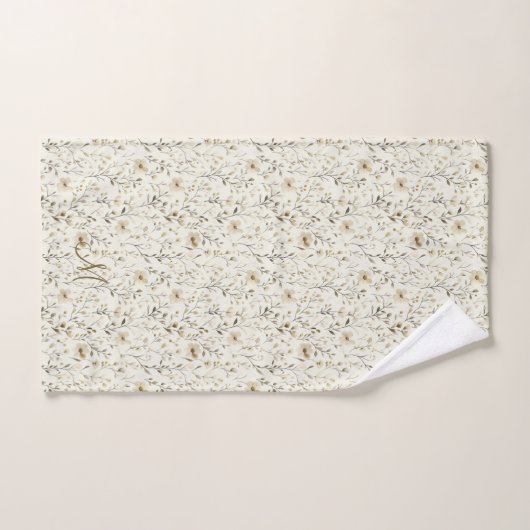Monogram Initials Neutral Boho Florals Botanicals バスタオルセット (ハンドタオル)