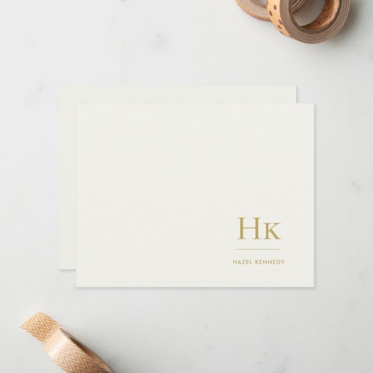 Monogram Ivory Gold Simple Monogrammed Notecard ノートカード (正面/裏面インサイチュ)