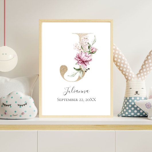 Monogram J Pink White Floral Gold Letter Nursery  ポスター