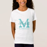 Monogram jrジュニアbridesmaid t shirt for girls tシャツ<br><div class="desc">モノグラムパーソナライズされたjrジュニアbridesmaid t shirts | ターコイズの青と白。スクリプトモノグラムの文字の名前をカスタムするを持つエレガントティー。花嫁のためにパーソナライズ，花嫁，花女，メイド・オブ・オーナー（花嫁付き添い人），名誉のマトロン，花嫁の母親など。可愛いアイディアの結婚披露宴、ブライダルシャワーとバチェロレッテ。</div>