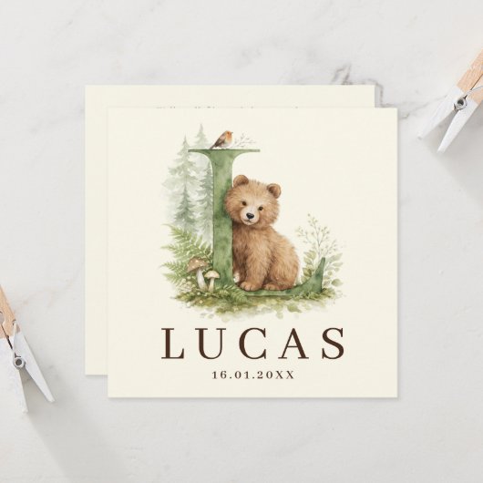 Monogram L Beer Neutraaal Bosdier Jongen Geboorte カード (正面/裏面インサイチュ)
