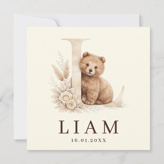 Monogram L Neutraal Beer Bosdier Geboorte カード (正面)