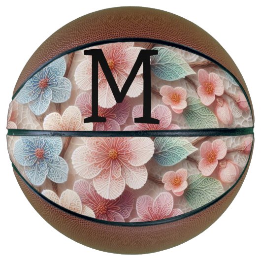 Monogram lace floral pink pastel cherry blossom  バスケットボール (正面)