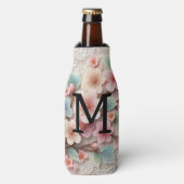 Monogram lace floral pink pastel cherry blossom  ボトルクーラー (ボトル正面)