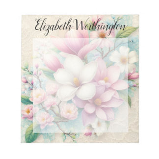 Monogram lace floral pink purple magnolia flower ノートパッド