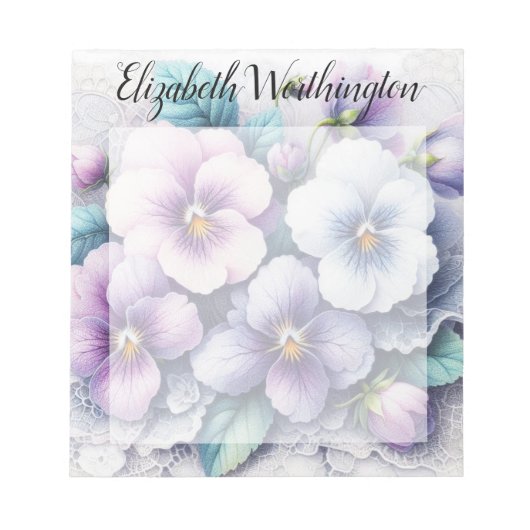 Monogram lace floral pink purple pansies flowers  ノートパッド (正面)