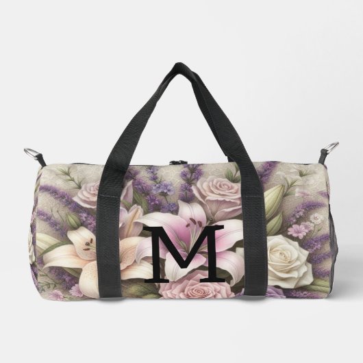 Monogram lace floral purple roses lavender lilies  ダッフルバッグ (正面)