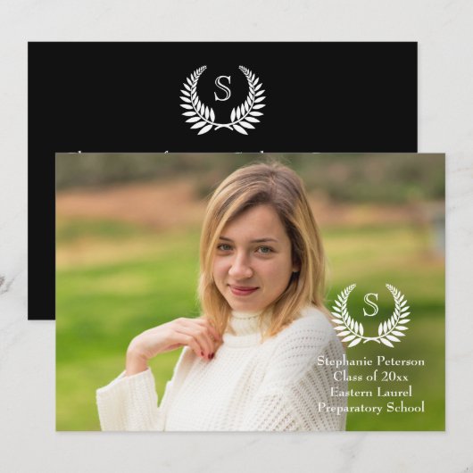 Monogram Laurel写真卒業のお知らせ 招待状 (正面/裏面)