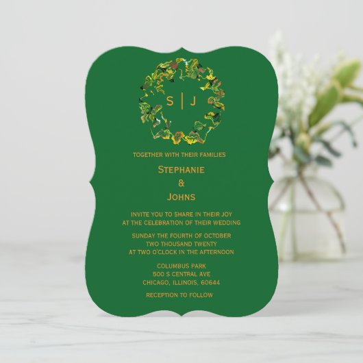 Monogram Leaf Crest Orange Forest Green Wedding 招待状 (スタンド正面)