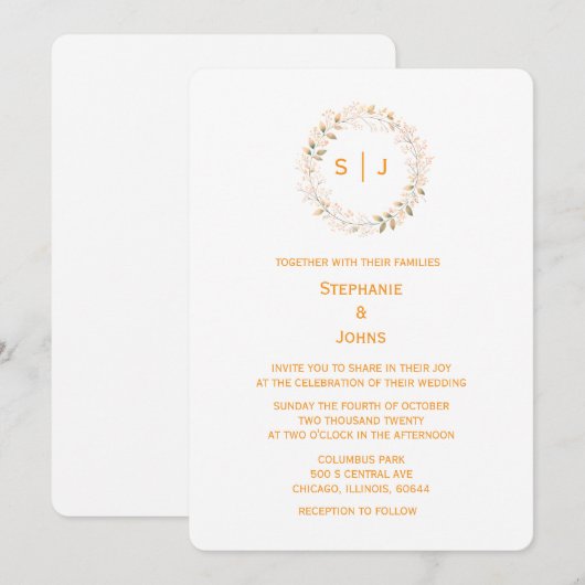 Monogram Leaf Crest Orange White Classy Wedding 招待状 (正面/裏面)