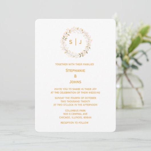 Monogram Leaf Crest Orange White Classy Wedding 招待状 (スタンド正面)