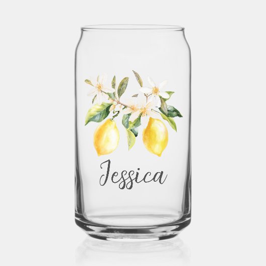 Monogram Lemon Fruits White Flowers Tree Branch ガラス缶 (正面)