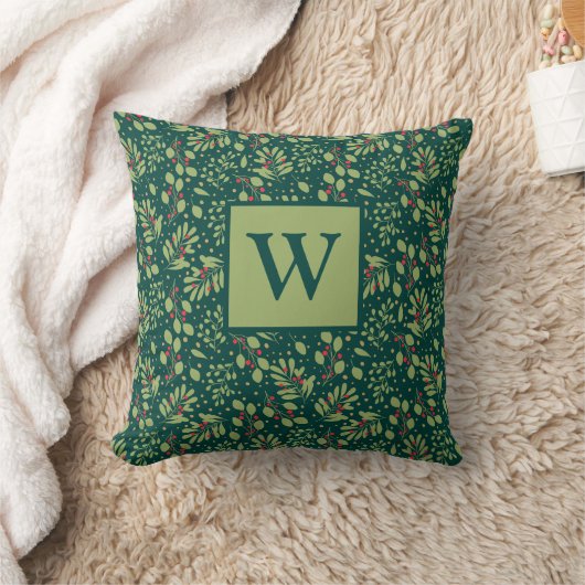 Monogram Letter Christmas Greenery Throw Pillow クッション (ブランケット)