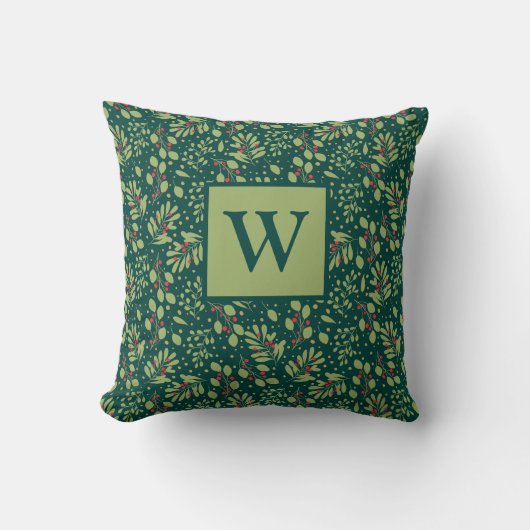 Monogram Letter Christmas Greenery Throw Pillow クッション (正面)