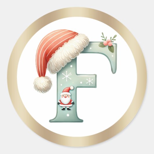 Monogram letter F, Santa hat Christmas Sticker ラウンドシール (正面)