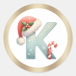 Monogram letter K, Santa hat Christmas  Sticker ラウンドシール