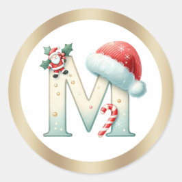 Monogram letter M, Santa hat Christmas Sticker ラウンドシール