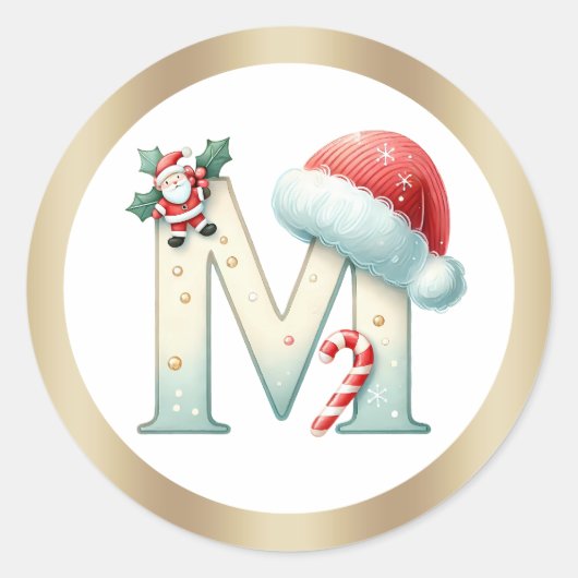 Monogram letter M, Santa hat Christmas Sticker ラウンドシール (正面)