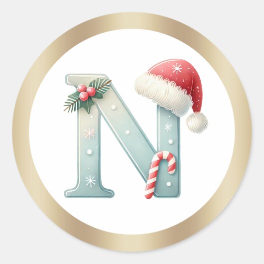 Monogram letter N, Santa hat Christmas Sticker ラウンドシール (正面)