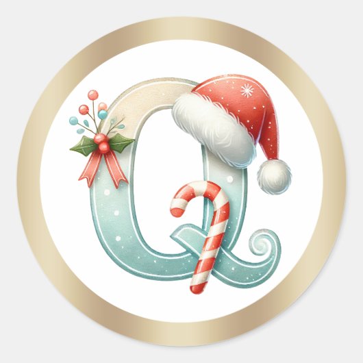Monogram letter Q, Santa hat Christmas Sticker ラウンドシール (正面)
