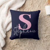 Monogram Lettered Script Navy Pink Throw Pillow クッション (ブランケット)