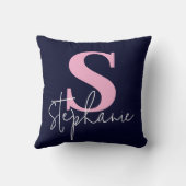 Monogram Lettered Script Navy Pink Throw Pillow クッション (裏面)
