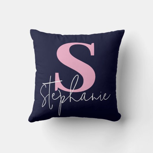 Monogram Lettered Script Navy Pink Throw Pillow クッション (裏面)