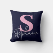Monogram Lettered Script Navy Pink Throw Pillow クッション (正面)